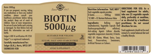 The label shows a supplement called Biotin, 5000 mcg, with info on ingredients, directions, and warnings.