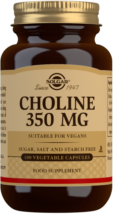 A brown bottle labeled 'Choline 350 MG, suitable for vegans, with 100 vegetable capsules.'