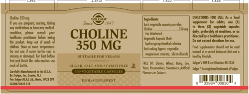 Choline supplement label shows dosage of 350 mg, vegan, with ingredients and usage instructions, in a brown and yellow design.
