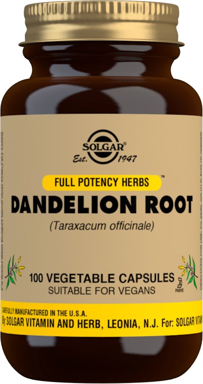 A brown bottle label showing Solgar Dandelion Root capsules, mentioning full potency herbs, suitable for vegans, made in the USA.