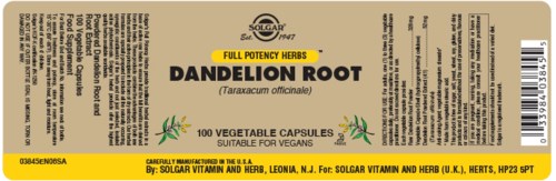 Label for herbal supplement, called Dandelion Root, with 100 capsules, suitable for vegans, made by Solgar.