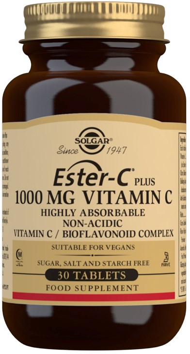 Brown bottle with a beige label showing Solgar Ester-C Plus vitamin C tablets, 1000 mg, suitable for vegans.