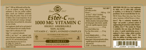 A supplement bottle label for Ester-C with Vitamin C, 30 tablets, promoting immune support, high absorption, and non-acidic formula.