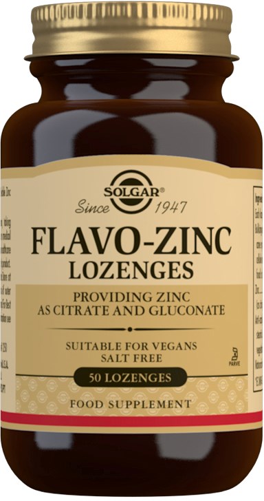A brown bottle of Solgar Flavo-Zinc lozenges, claiming to provide zinc, vegan, salt free, and containing 50 lozenges.