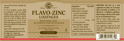 A package of Solgar Flavo-Zinc Lozenges, containing zinc and ascorbate, with instructions and ingredients listed on a beige label.