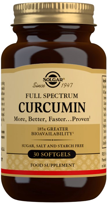 A brown bottle of Solgar curcumin capsules with a beige and red label, including text about bioavailability and ingredients.