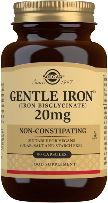A brown bottle labeled 'Gentle Iron, 20mg, non-constipating, suitable for vegans, 90 capsules.'