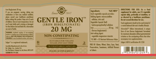 Gentle Iron tablets contain iron for preventing and treating deficiency, suitable for vegans, non-constipating, and free of gluten.
