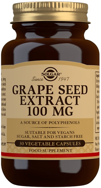 A dark brown bottle with a gold cap contains grape seed extract capsules, labeled as vegan, sugar-free, and suitable for starch-free diets.