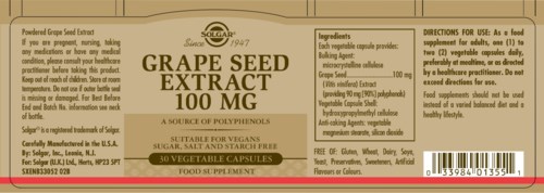 Label for grape seed extract supplement, includes ingredients, instructions, and nutritional info.