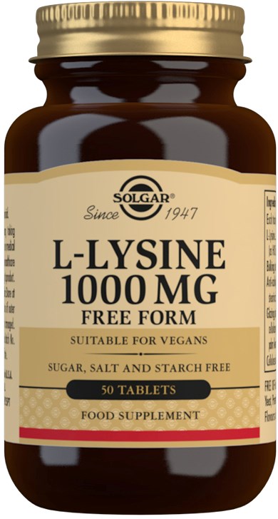 This is a supplement bottle named Solgar, containing 50 tablets of L-Lysine, suitable for vegans, sugar, salt, and starch free.