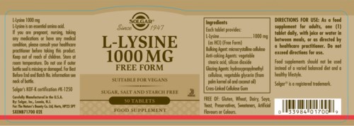 The label shows a vegan medication called L-LYSINE, with details about ingredients, usage, and certifications.