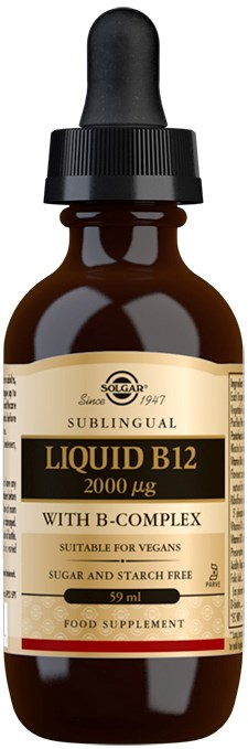 En brun flaske med dråpetappelokk, merket som flytende B12-tilskudd, 2000 mikrogram, egnet for veganere, sukkerfri.