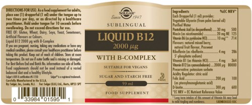 Flytende B12-tilskudd for veganere, 50 ml flaske, B12 2000 mcg, B-kompleks, sukker- og stivelsesfri.