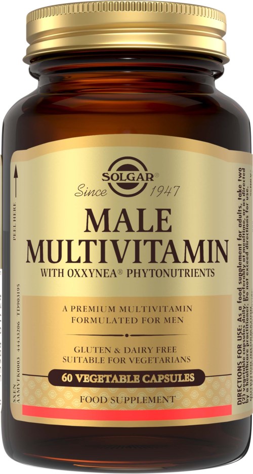 Flaska med manligt multivitaminkapslar med beige- och brunsig blankett, guldkork och text som betonar att det är ett vegetabiliskt tillskott.