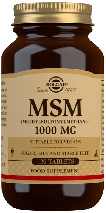 A brown bottle labeled MSM supplement, 120 tablets, suitable for vegans, with a beige label and gold cap.