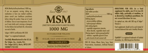 Supplement label for MSM, a sugar-free, salt-free product, providing 1000 mg, suitable for vegans, with ingredients and directions.