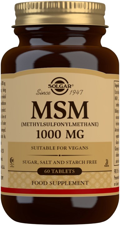 Brown bottle with a beige label, black and red details, containing MSM dietary supplement tablets.