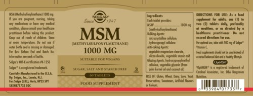 A supplement box for MSM (methylsulfonylmethane) shows dosage, ingredients, and instructions. It is sugar-free and suitable for vegans.