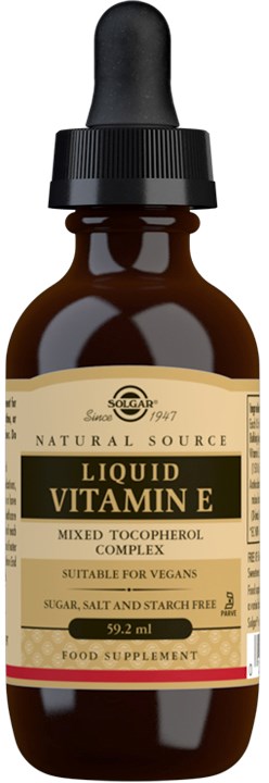 A brown glass bottle with a dropper, labeled 'Liquid Vitamin E,' indicating it is a supplement for vegans.