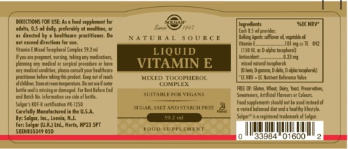 Liquid Vitamin E supplement in a small bottle with nutritional information and ingredients, suitable for vegans.