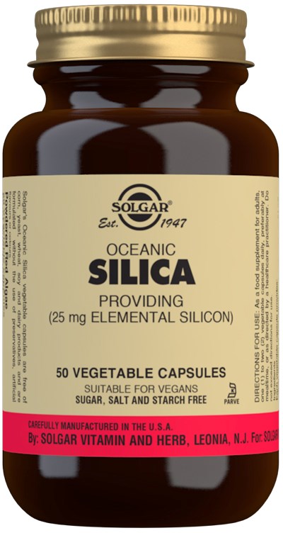 A brown bottle with a cream label and a gold cap. It contains 50 vegetable capsules of silica for vegans.