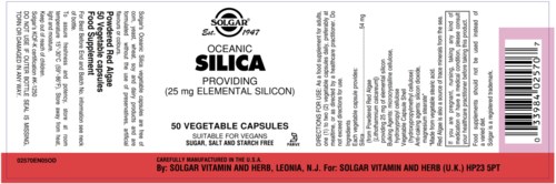 This is a label for a vegetarian supplement called Solgar Oceanic Silica, with 50 capsules containing 25 mg silicon.