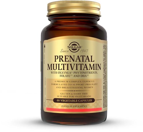 Brun flaska med prenatal multivitaminkapslar med beige- och rödmärkt etiket, innehåller 60 vegetabiliska kapslar, lämplig för vegetarianer.