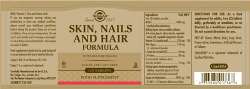 A supplement box for skin, nails, hair with 120 sugar and salt free tablets, suitable for vegans, and a logo with a sun.