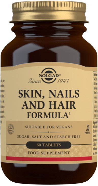 A brown bottle labeled 'Skin, Nails and Hair Formula' with a beige and red label, gold cap.