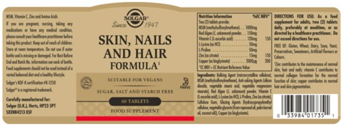 A dietary supplement label for skin, nails, and hair formula, showing ingredients and directions, with gold and beige design elements.