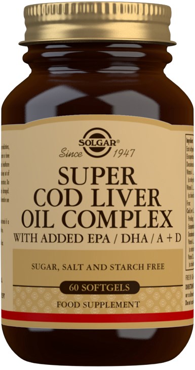 A brown jar with a gold lid labeled Solgar Super Cod Liver Oil with added EPA, DHA, A+D, and 60 softgels.