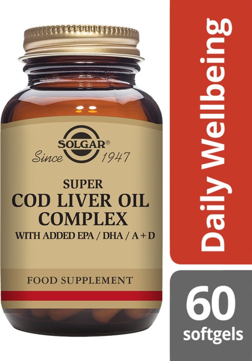 Bottle of supplement called Solgar Super Cod Liver Oil Complex with added EPA, DHA, A, D, 60 softgels.