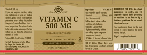 Label for Vitamin C supplements, includes ingredients, serving size, and health warnings.