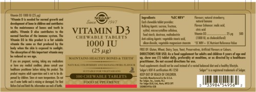 Vitamins D3 chewable tablets, 1000 IU, contain fish oil, support bone health, and are food supplements.