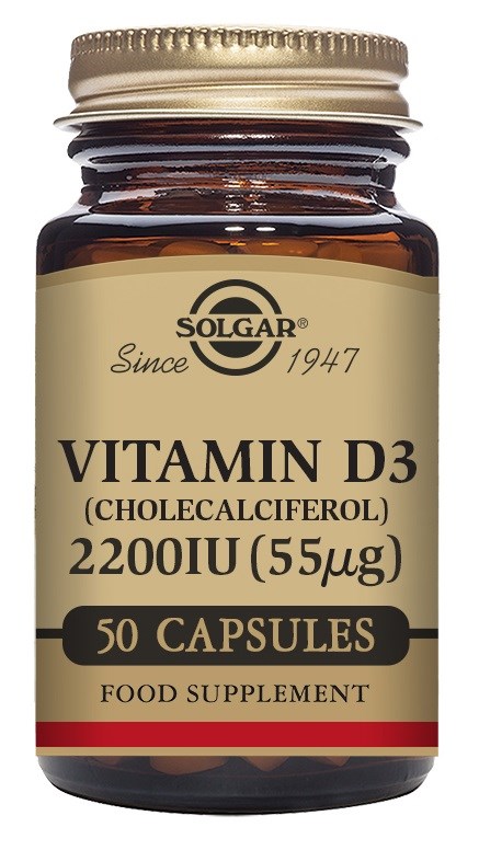 A bottle of Solgar Vitamin D3 capsules with 50 capsules, 2200 IU, in a plastic container with a beige label.
