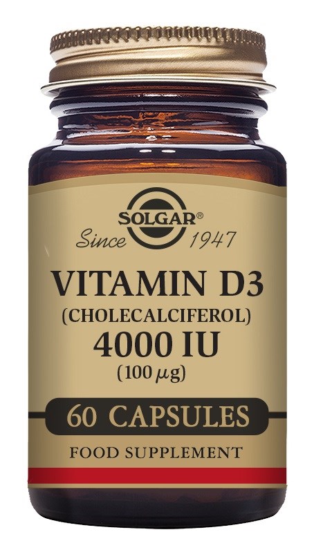 A brown bottle with a gold cap containing Solgar Vitamin D3 capsules, labeled with dosage and supplement details.