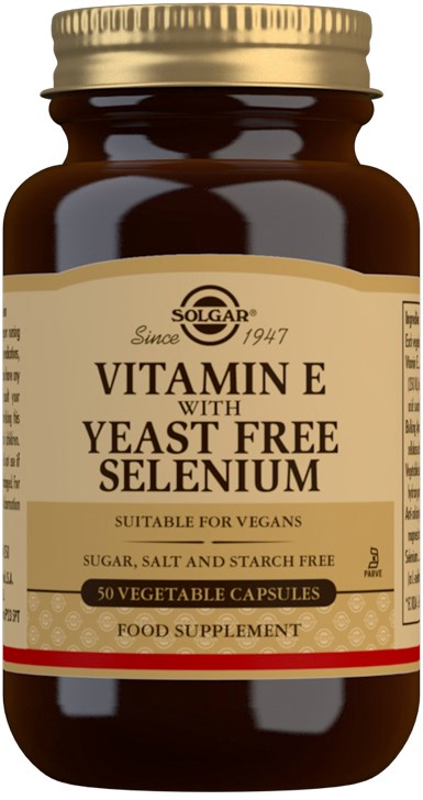 A brown bottle with a cream label, containing vitamin E capsules with selenium, suitable for vegans. It says 50 capsules.