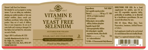 A supplement label for a vegan vitamin with selenium, zinc, and other ingredients, showing dosage and manufacturing details.