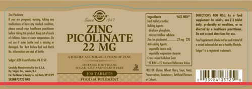 Zinc supplement label with dosage, ingredients, and usage directions.