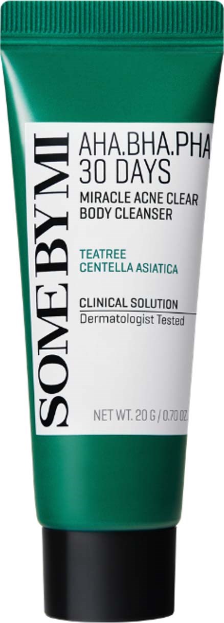 Grön och vit tub av ansiktsrengöring med svart lock, märkt som acne clear body cleanser med tea tree.