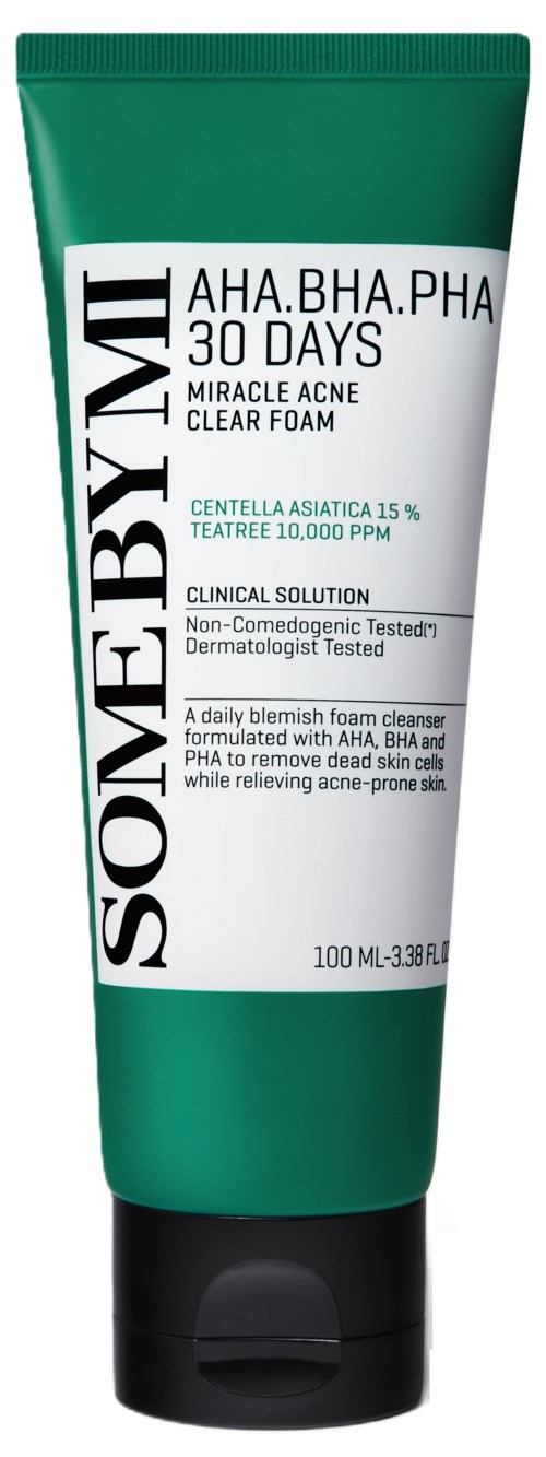 A green tube with black cap, labeled with skincare product details and ingredients, mostly for acne treatment.