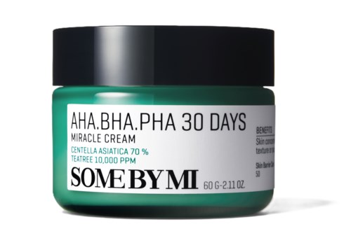 Green cream jar with black lid, label shows benefits and ingredients, named 'SOME BY MI' for skin care.
