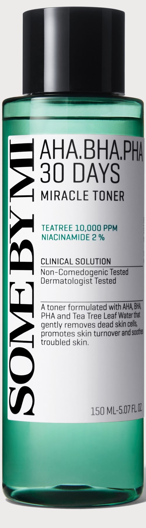 Een groene fles toner met een witte label en zwarte dop, genaamd 'SOME BY MI AHA BHA PHA 30 DAYS MIRACLE TONER'.