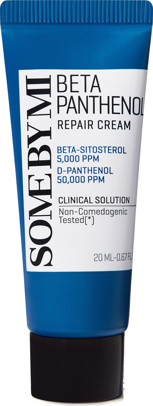 En blå tub med Sorebyil Beta Panthenol Repair Cream med svart lock, etiketten visar ingredienser och ändamål.