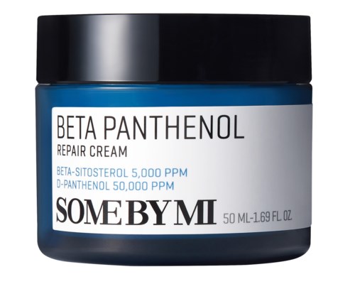 A blue jar of repair cream labeled 'Beta Panthenol' and 'Som By Mi', with black lid and white label.