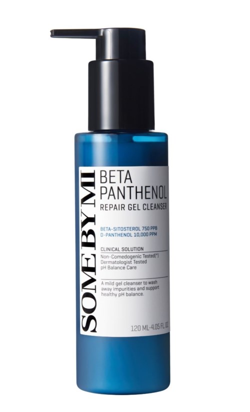 Eine blaue Hautpflegeflasche mit schwarzem Pumpkopf, beschriftet mit 'Beta Panthenol Repair Gel Cleanser' und Beschreibung.