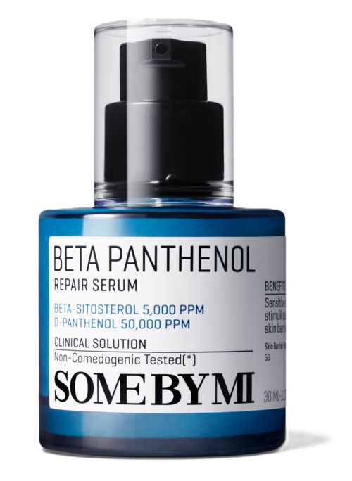 A small blue bottle of serum with a black pump and transparent cap. The label says 'Beta Panthenol Repair Serum' with additional details.