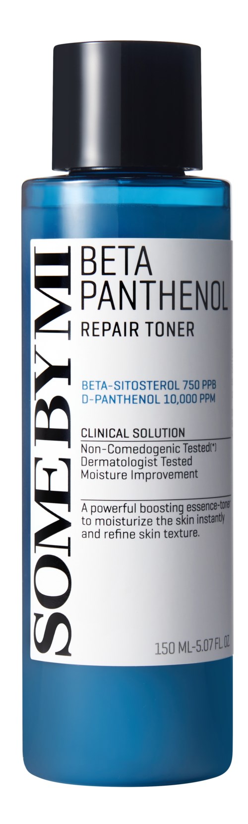 Blue bottle of SOMEBY MI Beta Panthenol Repair Toner with a black cap, description includes key ingredients and benefits.