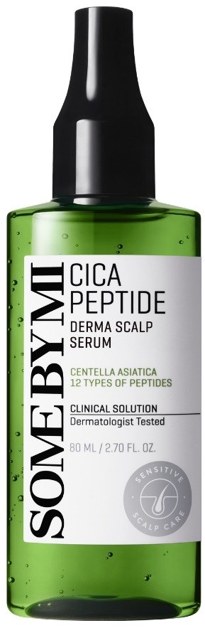 Grønn serumflaske med svart lokk, etiketten viser SOMEBYMI CICA PEPTIDE Derma Scalp Serum, 80 ml.